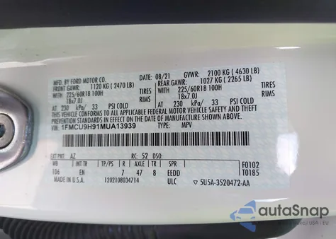 2021 Ford Escape Sel z USA, uszkodzony, nr VIN 1FMCU9H91MUA13939